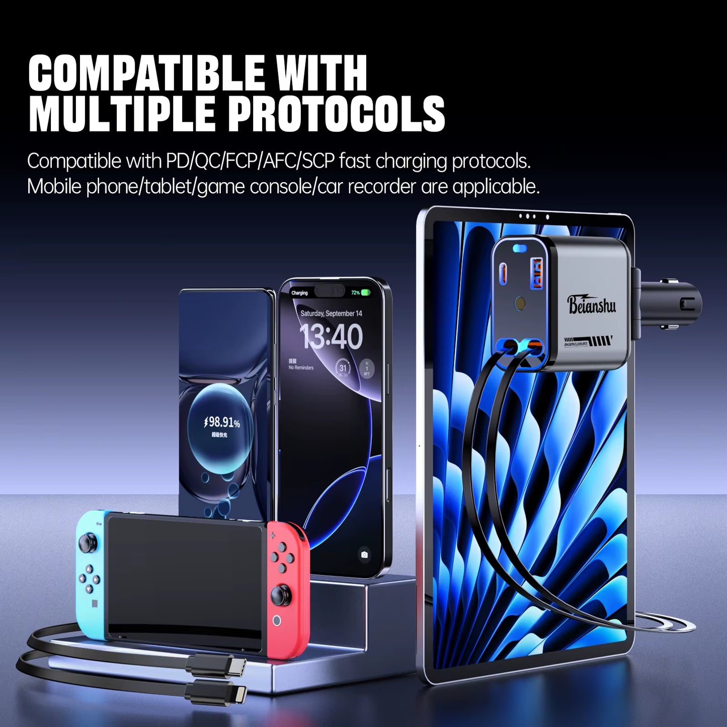 Car Accessories Charger with Starlight Type-C 120W Car Charger Adapter 4 in 1 Car Phone Charger with 2 USB Ports Star Top Light