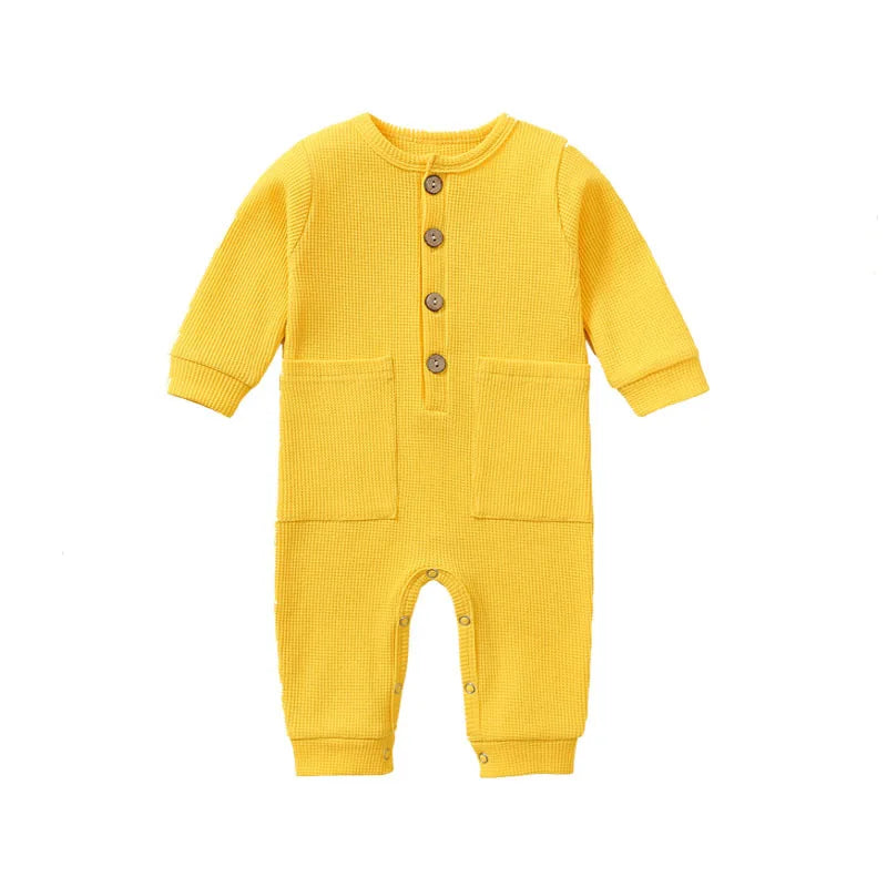 Spring Autumn Newborn Baby Romper Cotton Solid Soft Infant Jumpsuit with Pocket Girl Boy Long Sleeve Bebe Pajamas Wodden Buttons