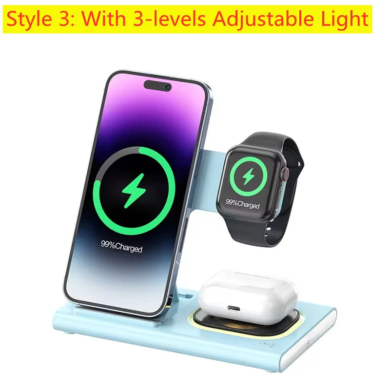 300W Fast Wireless Charger Stand Pad Foldable Fast Charging Station Dock for Iphone 16 15 14 13 12 Pro Max Apple Watch Airpods