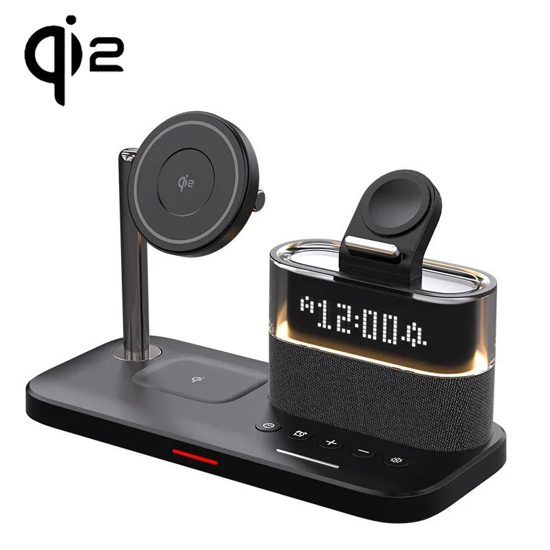 Qi2 5 in 1 Magnetic Wireless Charger Stand LED Night Light Alarm Clock for Samsung Iphone Iwatch Airpods Fast Charging Station