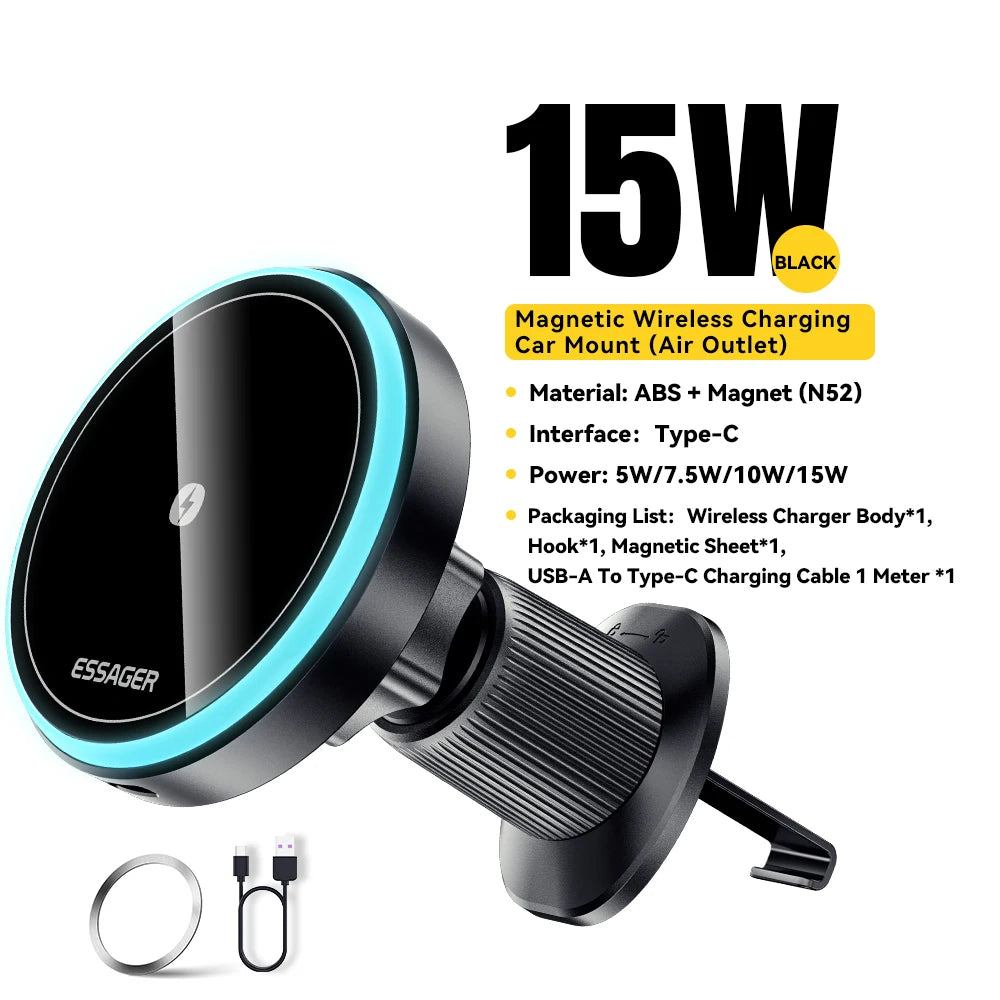 Magnetic Wireless Charger Car Phone Holder 15W RGB Seven Color Light Fast Charging Mount Stand for Iphone15 14 13Android