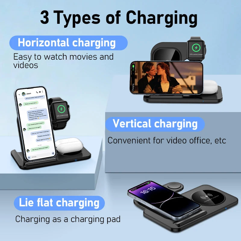 300W Fast Wireless Charger Stand Pad Foldable Fast Charging Station Dock for Iphone 16 15 14 13 12 Pro Max Apple Watch Airpods