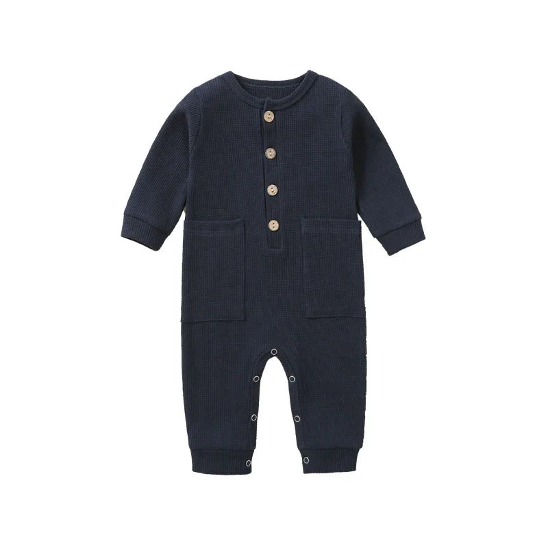 Spring Autumn Newborn Baby Romper Cotton Solid Soft Infant Jumpsuit with Pocket Girl Boy Long Sleeve Bebe Pajamas Wodden Buttons