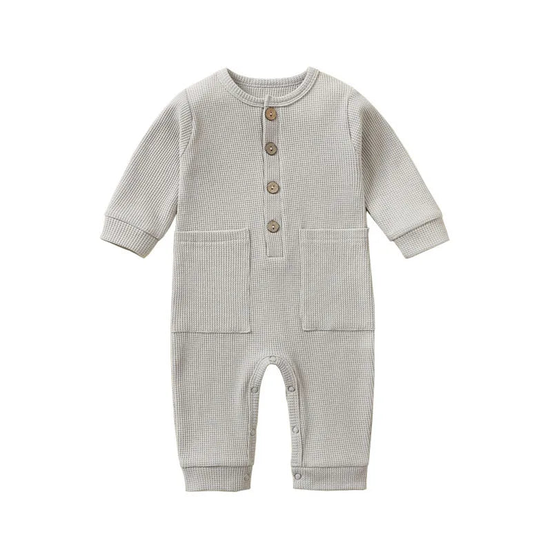 Spring Autumn Newborn Baby Romper Cotton Solid Soft Infant Jumpsuit with Pocket Girl Boy Long Sleeve Bebe Pajamas Wodden Buttons