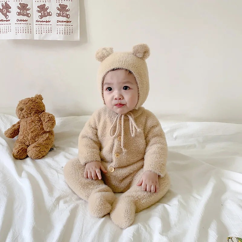 5097 Ins Baby Clothes 2024 Autumn Winter New Baby Boy'S Jumpsuit Mink Velvet Cute Bear Baby Girl'S One Piece Clothes