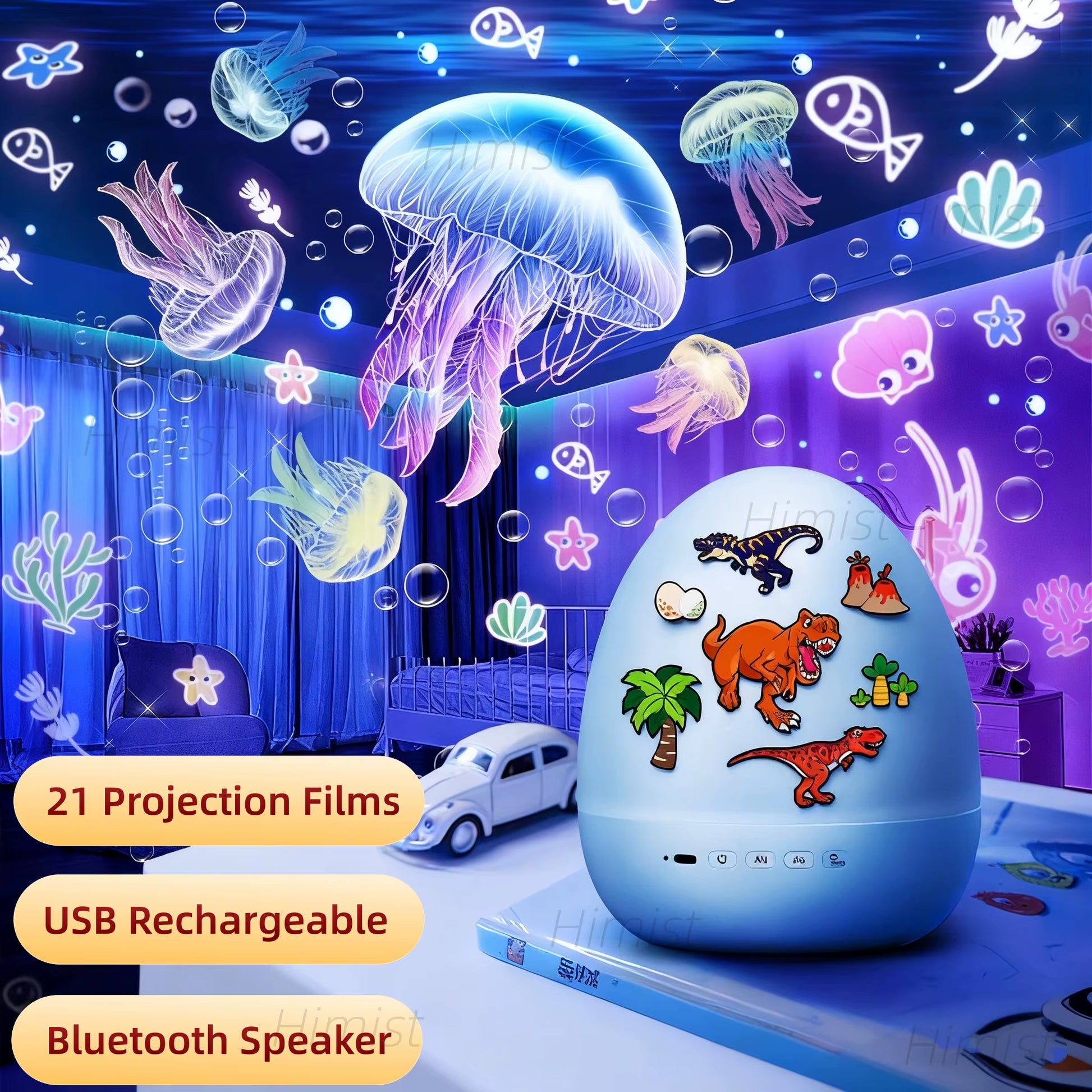 Rotate Projection Mood Night Light with Music Box Dinosaur Egg 21 Films USB Projector Nightlight for Kids Xmas Gifts