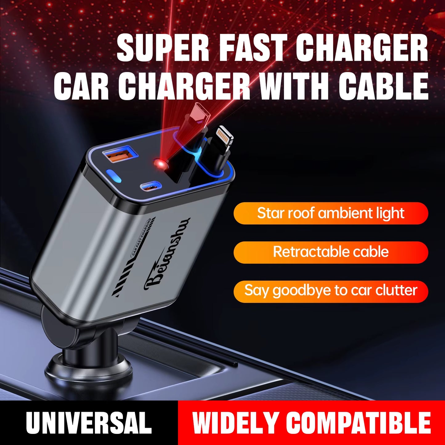 Car Accessories Charger with Starlight Type-C 120W Car Charger Adapter 4 in 1 Car Phone Charger with 2 USB Ports Star Top Light
