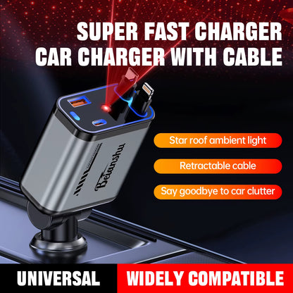 Car Accessories Charger with Starlight Type-C 120W Car Charger Adapter 4 in 1 Car Phone Charger with 2 USB Ports Star Top Light