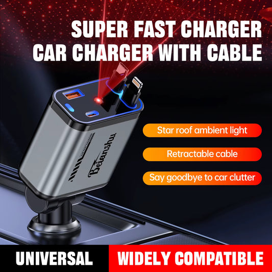 Car Accessories Charger with Starlight Type-C 120W Car Charger Adapter 4 in 1 Car Phone Charger with 2 USB Ports Star Top Light