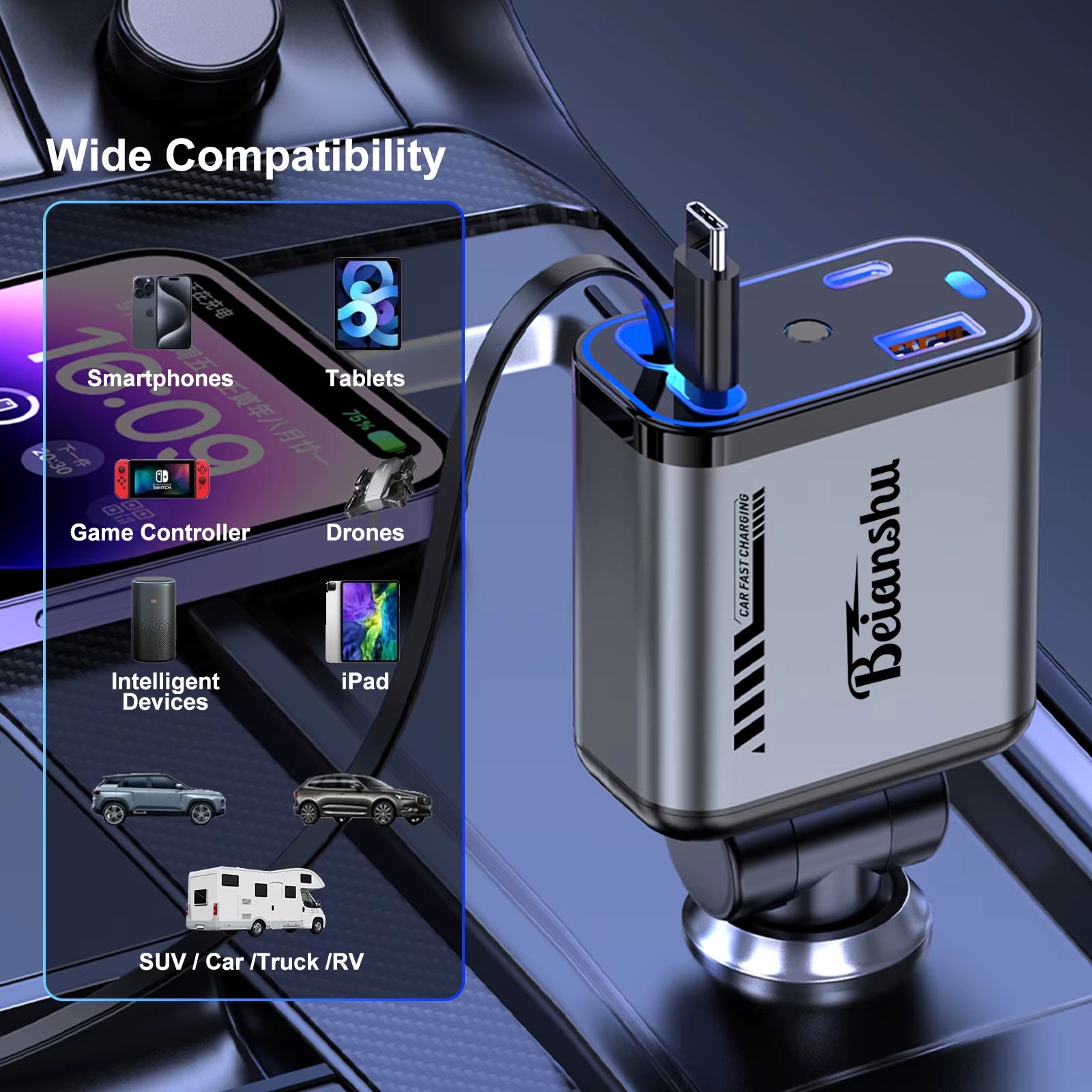 Car Accessories Charger with Starlight Type-C 120W Car Charger Adapter 4 in 1 Car Phone Charger with 2 USB Ports Star Top Light