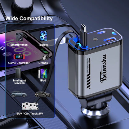 Car Accessories Charger with Starlight Type-C 120W Car Charger Adapter 4 in 1 Car Phone Charger with 2 USB Ports Star Top Light