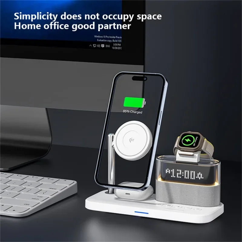 Qi2 5 in 1 Magnetic Wireless Charger Stand LED Night Light Alarm Clock for Samsung Iphone Iwatch Airpods Fast Charging Station