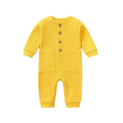 Spring Autumn Newborn Baby Romper Cotton Solid Soft Infant Jumpsuit with Pocket Girl Boy Long Sleeve Bebe Pajamas Wodden Buttons