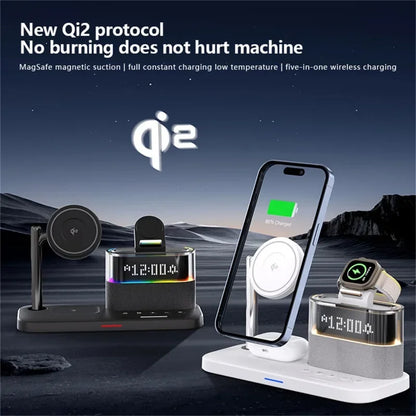 Qi2 5 in 1 Magnetic Wireless Charger Stand LED Night Light Alarm Clock for Samsung Iphone Iwatch Airpods Fast Charging Station
