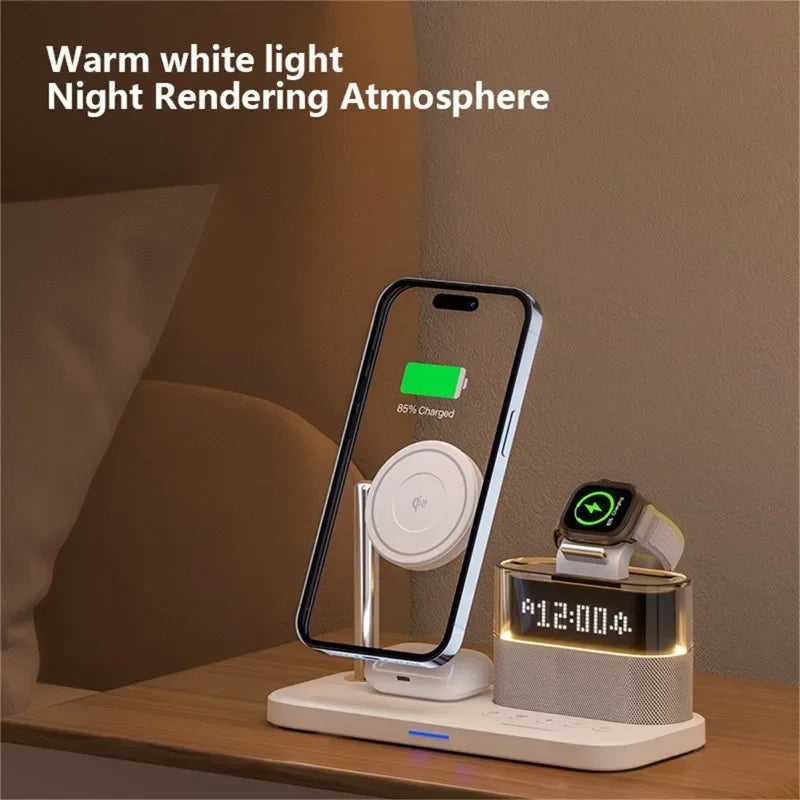 Qi2 5 in 1 Magnetic Wireless Charger Stand LED Night Light Alarm Clock for Samsung Iphone Iwatch Airpods Fast Charging Station