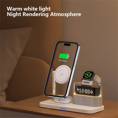 Qi2 5 in 1 Magnetic Wireless Charger Stand LED Night Light Alarm Clock for Samsung Iphone Iwatch Airpods Fast Charging Station