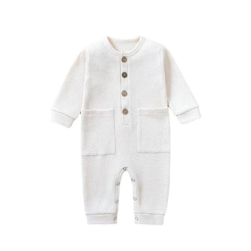 Spring Autumn Newborn Baby Romper Cotton Solid Soft Infant Jumpsuit with Pocket Girl Boy Long Sleeve Bebe Pajamas Wodden Buttons