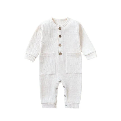 Spring Autumn Newborn Baby Romper Cotton Solid Soft Infant Jumpsuit with Pocket Girl Boy Long Sleeve Bebe Pajamas Wodden Buttons