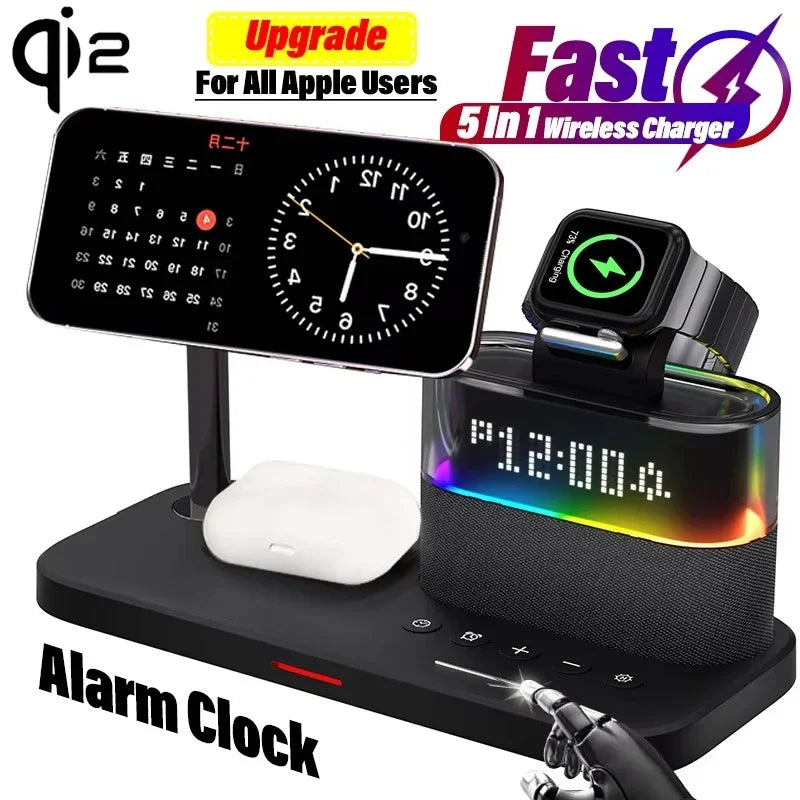 Qi2 5 in 1 Magnetic Wireless Charger Stand LED Night Light Alarm Clock for Samsung Iphone Iwatch Airpods Fast Charging Station