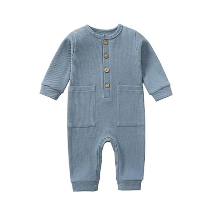 Spring Autumn Newborn Baby Romper Cotton Solid Soft Infant Jumpsuit with Pocket Girl Boy Long Sleeve Bebe Pajamas Wodden Buttons