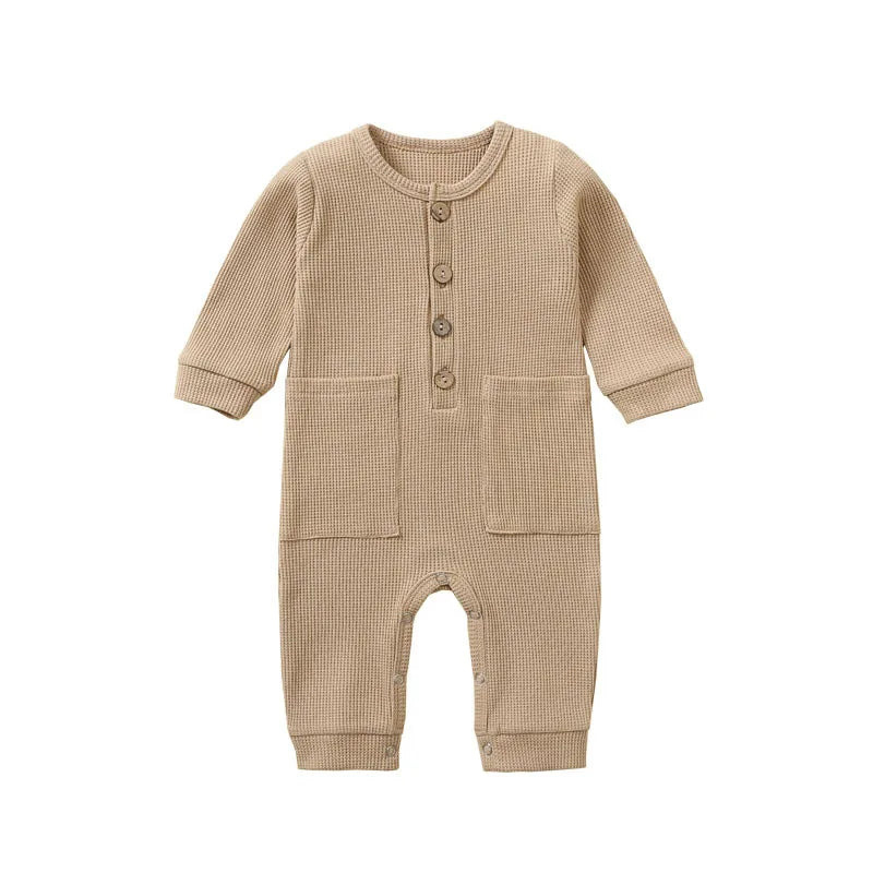 Spring Autumn Newborn Baby Romper Cotton Solid Soft Infant Jumpsuit with Pocket Girl Boy Long Sleeve Bebe Pajamas Wodden Buttons