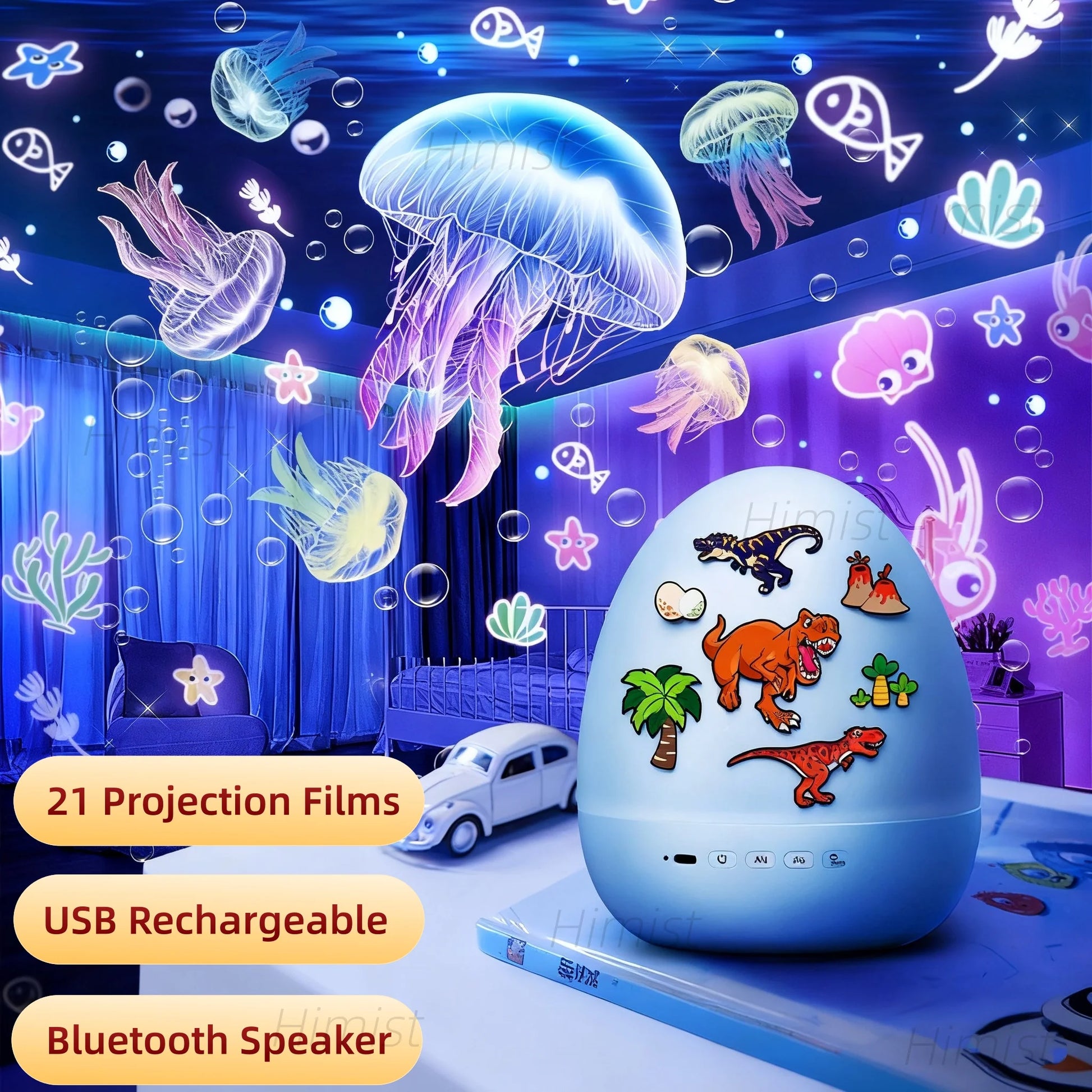 Rotate Projection Mood Night Light with Music Box Dinosaur Egg 21 Films USB Projector Nightlight for Kids Xmas Gifts