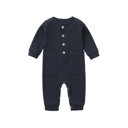 Spring Autumn Newborn Baby Romper Cotton Solid Soft Infant Jumpsuit with Pocket Girl Boy Long Sleeve Bebe Pajamas Wodden Buttons