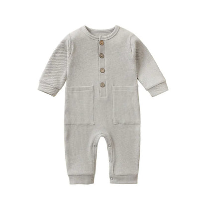 Spring Autumn Newborn Baby Romper Cotton Solid Soft Infant Jumpsuit with Pocket Girl Boy Long Sleeve Bebe Pajamas Wodden Buttons
