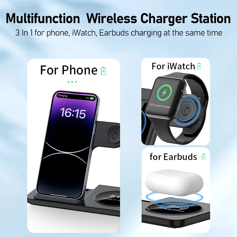 300W Fast Wireless Charger Stand Pad Foldable Fast Charging Station Dock for Iphone 16 15 14 13 12 Pro Max Apple Watch Airpods