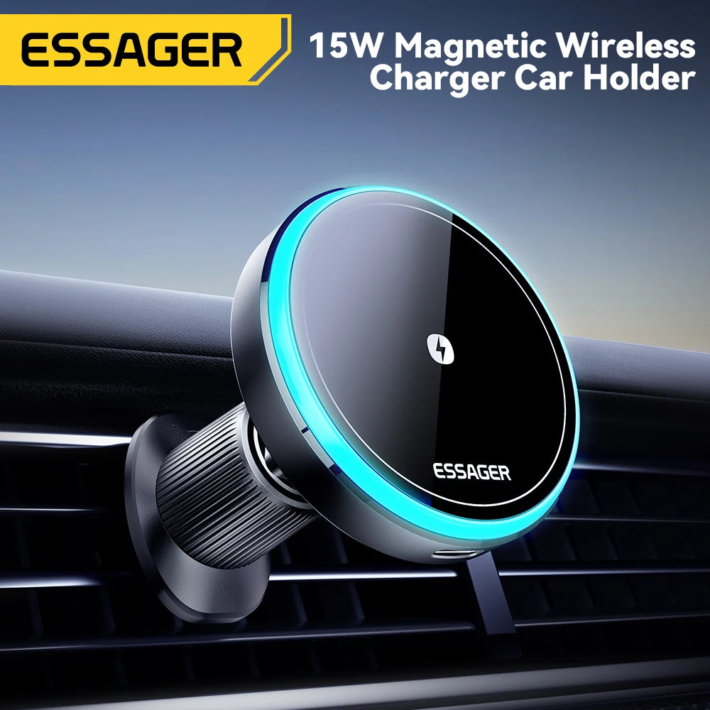 Magnetic Wireless Charger Car Phone Holder 15W RGB Seven Color Light Fast Charging Mount Stand for Iphone15 14 13Android