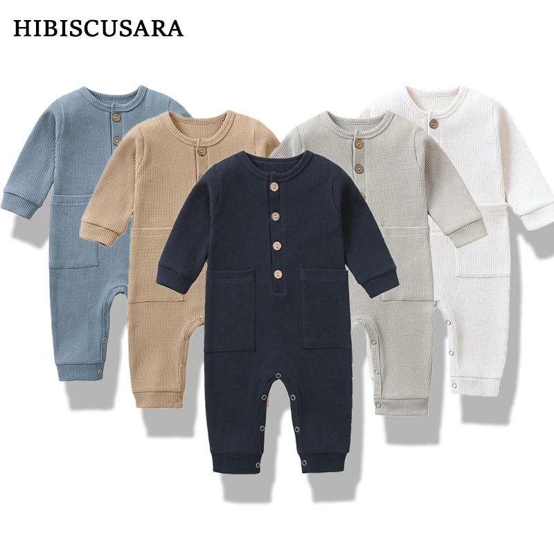 Spring Autumn Newborn Baby Romper Cotton Solid Soft Infant Jumpsuit with Pocket Girl Boy Long Sleeve Bebe Pajamas Wodden Buttons