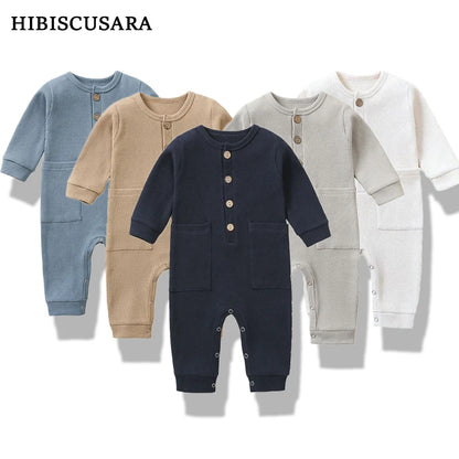 Spring Autumn Newborn Baby Romper Cotton Solid Soft Infant Jumpsuit with Pocket Girl Boy Long Sleeve Bebe Pajamas Wodden Buttons