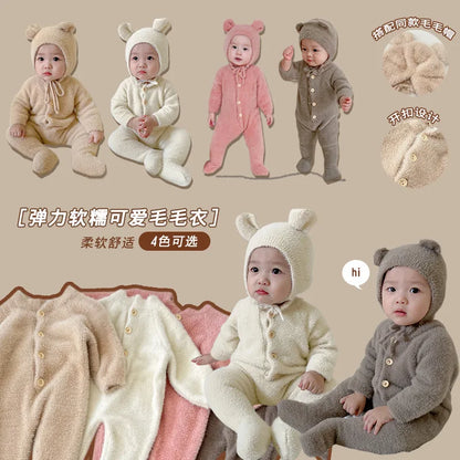5097 Ins Baby Clothes 2024 Autumn Winter New Baby Boy'S Jumpsuit Mink Velvet Cute Bear Baby Girl'S One Piece Clothes