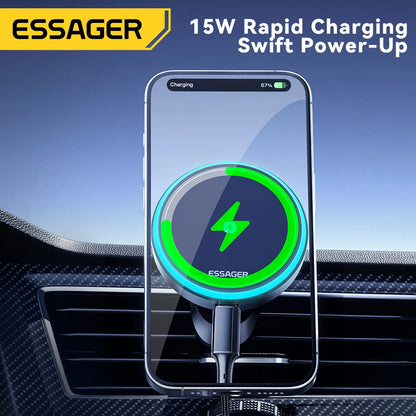 Magnetic Wireless Charger Car Phone Holder 15W RGB Seven Color Light Fast Charging Mount Stand for Iphone15 14 13Android
